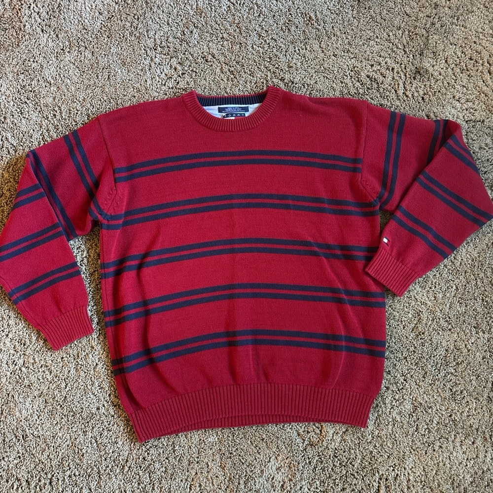 Tommy Hilfiger Red and Blue Crewneck Sweater